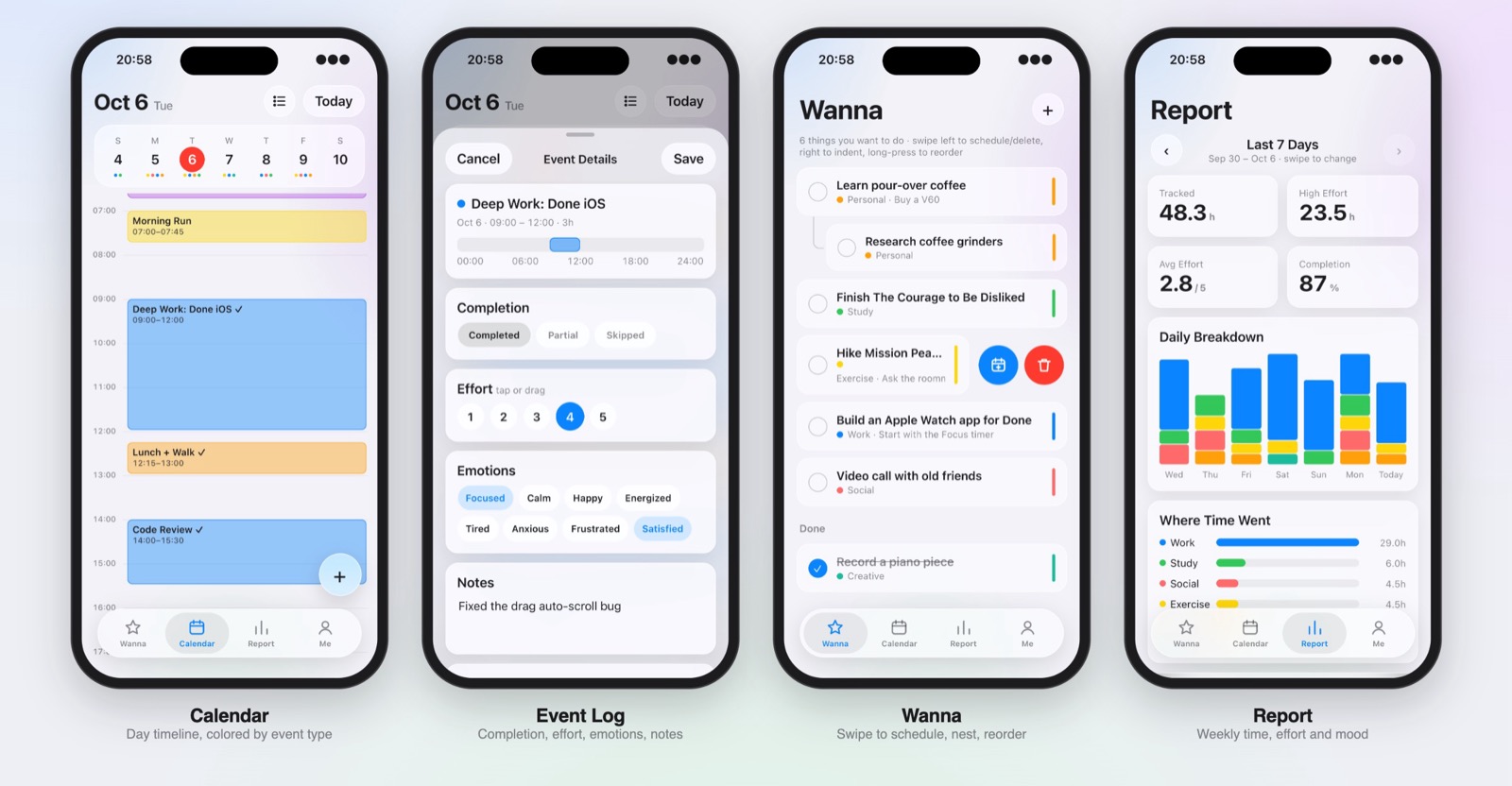 Done app screens: Calendar, Event Log, Wanna, and Report